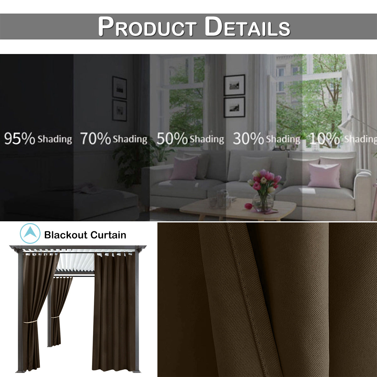 Home Patio 100% Blackout Curtain Outdoor, 1 Panel, Brown, 132x183cm/32x213cm/132x241cm