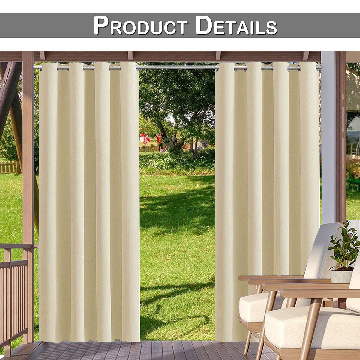 Rideaux d'extérieur 100 % occultants pour terrasse, 1 panneau, beige, 132 x 213 cm/132 x 243 cm/132 x 274 cm