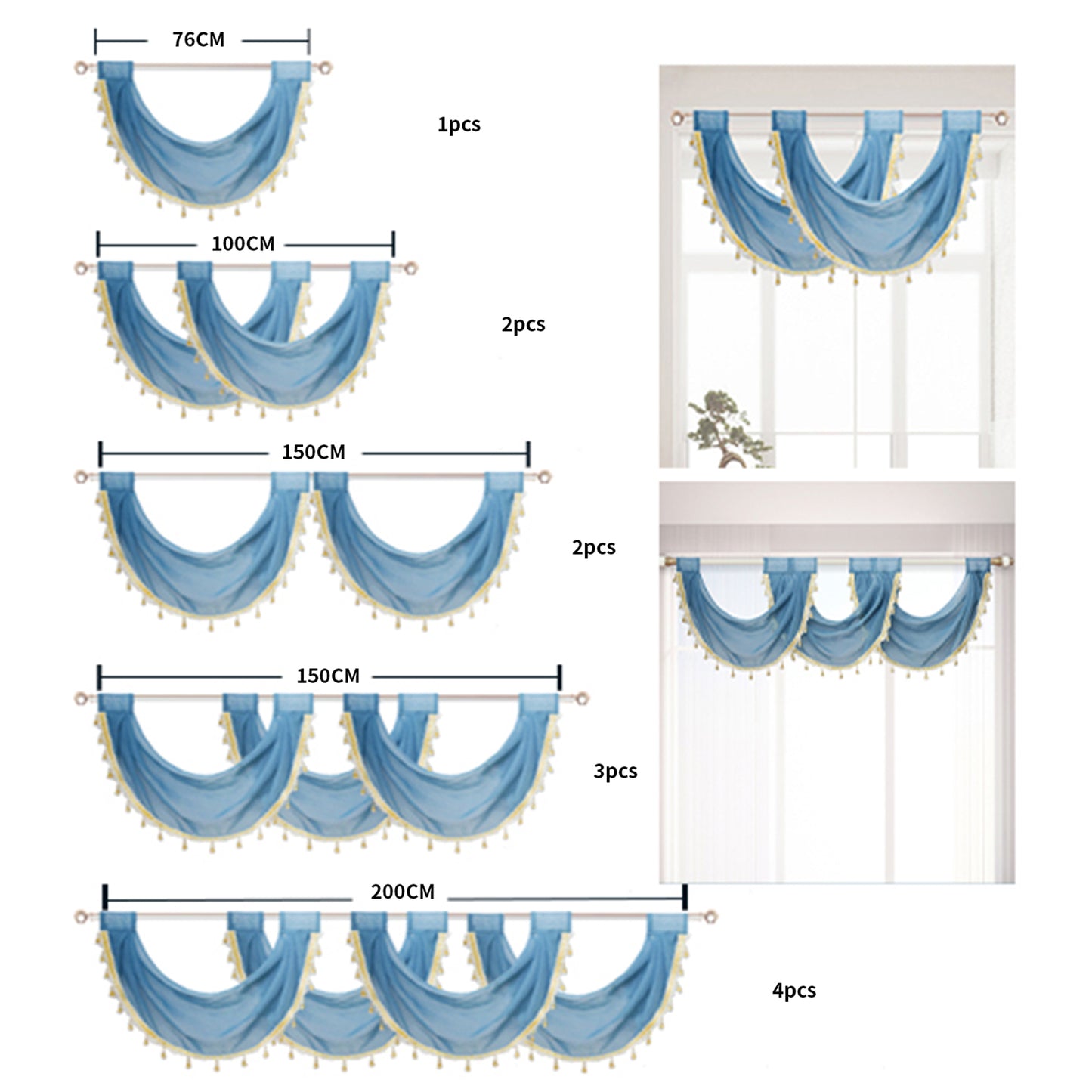 Swag Valance Drops Tier Curtains, 1 Panel, Blue, 76*60cm